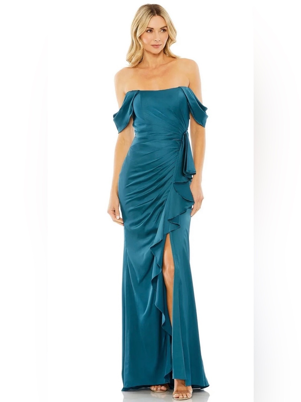 Mac Duggal Teal Off-Shoulder Ruffle Evening Gown